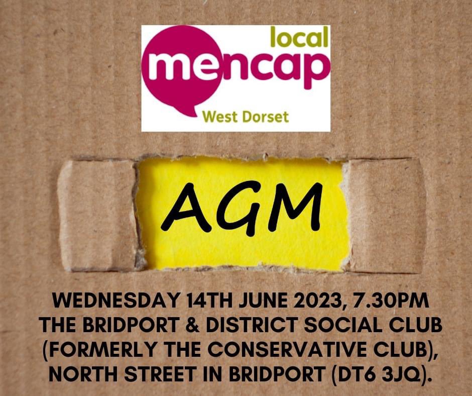We invite all of our supporters to our AGM on Weds 14 June, 7.30pm at The Bridport &amp; District Social Club (DT6 3JQ) Our speakers - Louise Davis, Care Dorset Manager and Elaine Leader, project leader for Wheelchairs on the Beach. All welcome!