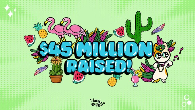Mark5Jade's tweet photo. OH, MEOW KITTY GOD!😻 Hold on to your whiskers, #CatCrew, because #BigEyesCoin is rocketing towards the end of the #presale with over $45 Million Raised so far!💵🚀 $BIG is selling like catnip!🙀 Buy now or miss out later🚀⌛️ Get $BIG!😽 🔗https://t.co/aE6nZJa2jk https://t.co/eMgRMP3TeI
