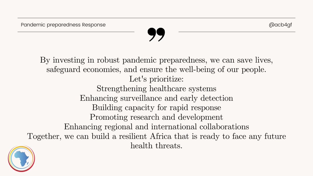 #PandemicPreparedness #HealthSecurity #StrongerTogether #InvestInHealth #NewPublicHealthOrder
It's time for African countries to invest in pandemic preparedness and response!