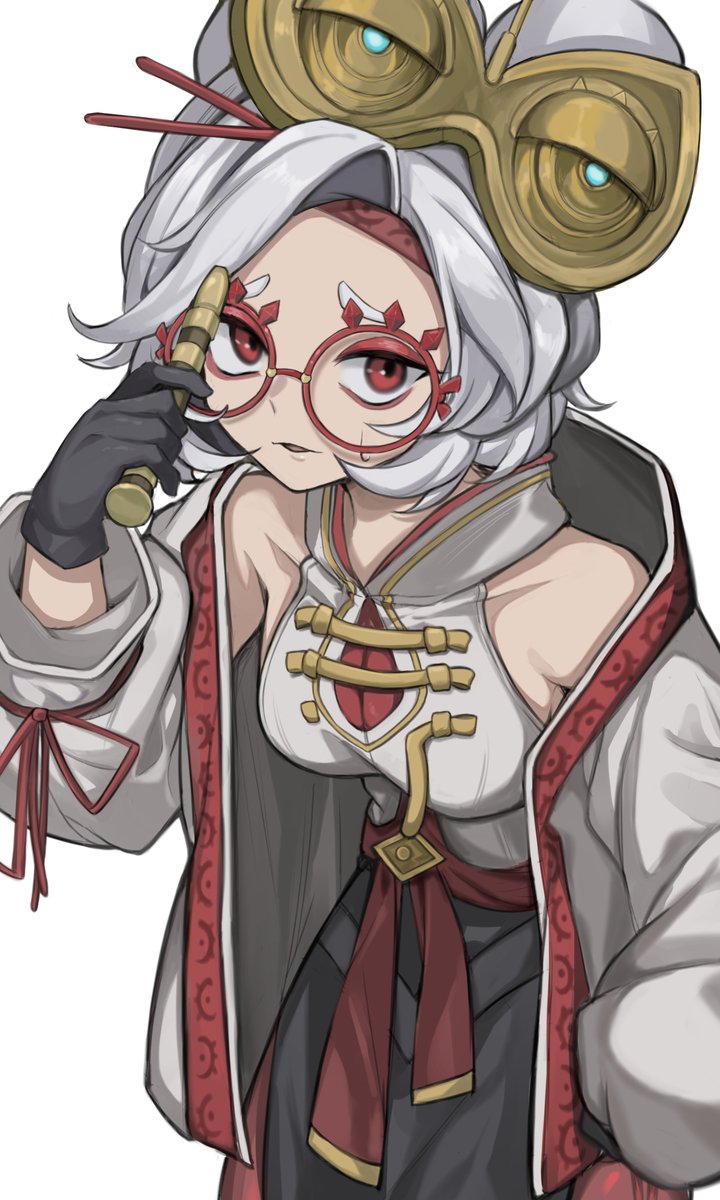 1girl red eyes glasses solo white background gloves looking at viewer  illustration images