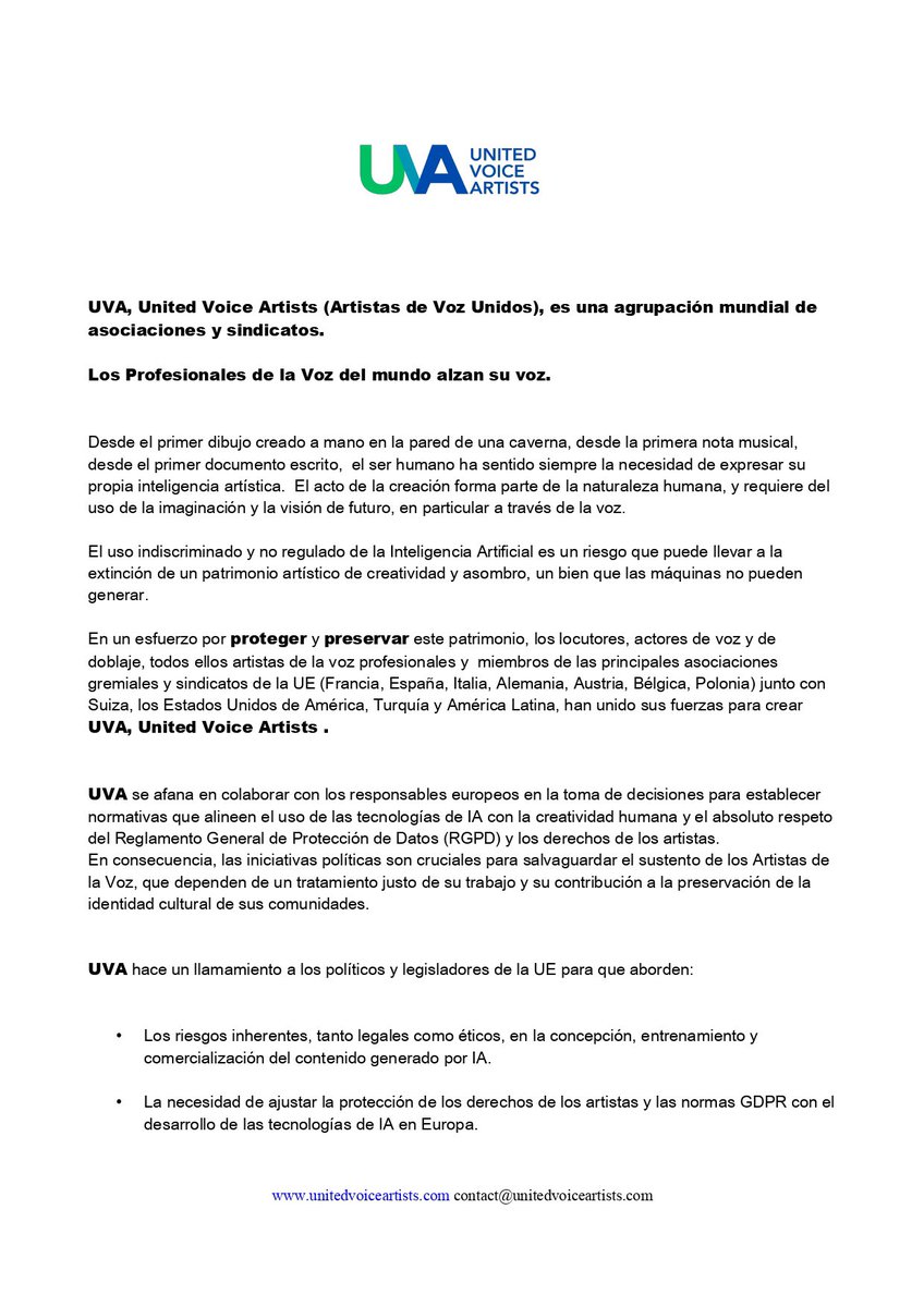 ardadoblaje's tweet image. Ante el avance tecnológico de las IA, ARDA, junto a otros sindicatos nacionales e internacionales, se suma a UVA (United Voice Artists). 
Juntos, alzamos la voz para preservar el alma humana.

unitedvoiceartists.com

#norobennuestrasvoces #UVA #PASAVE