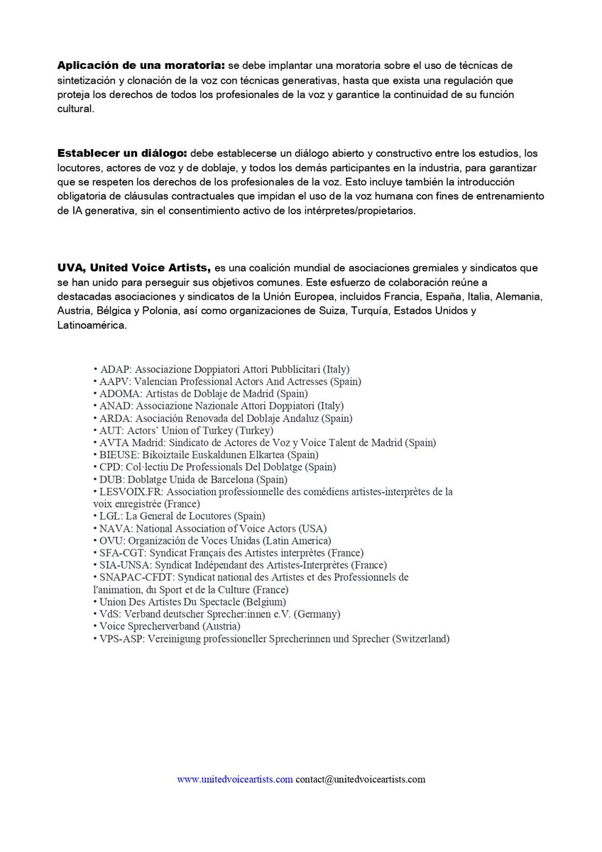ardadoblaje's tweet image. Ante el avance tecnológico de las IA, ARDA, junto a otros sindicatos nacionales e internacionales, se suma a UVA (United Voice Artists). 
Juntos, alzamos la voz para preservar el alma humana.

unitedvoiceartists.com

#norobennuestrasvoces #UVA #PASAVE