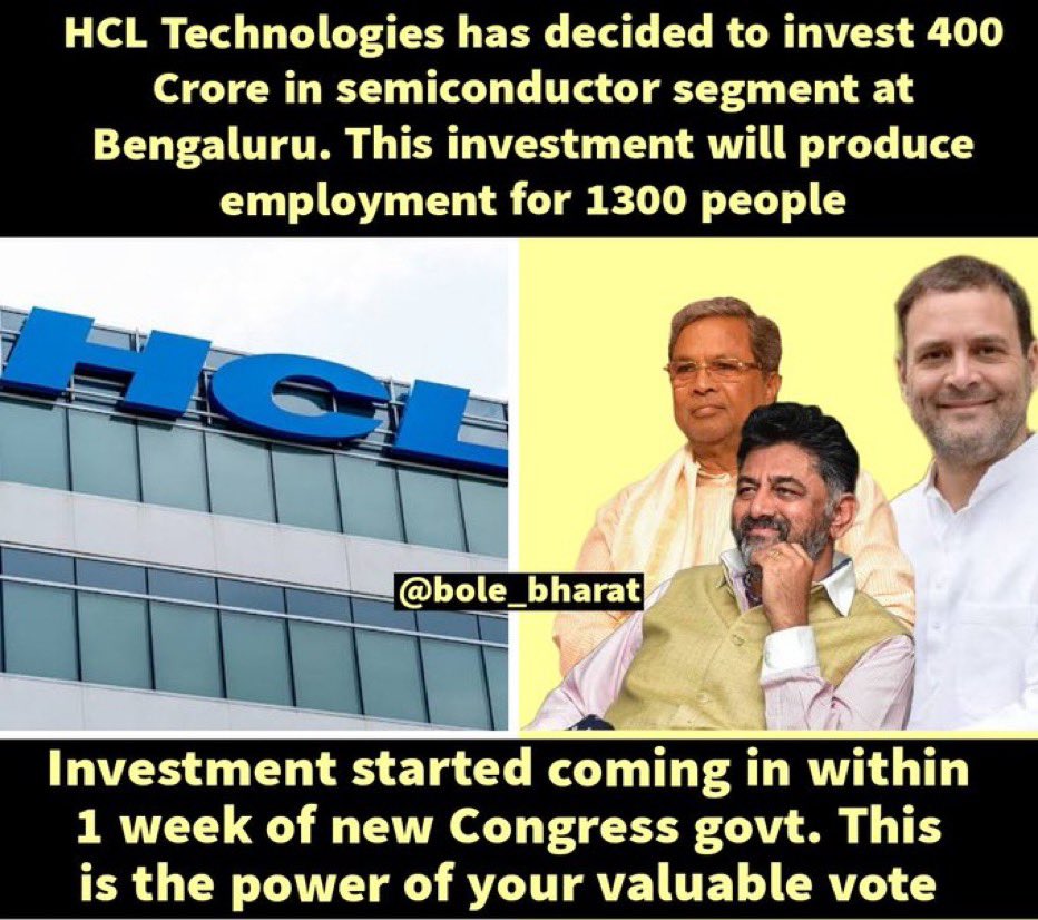 SevadalTN's tweet photo. HCL Technologies invests 400 Cr in Bengaluru's semiconductor segment, creating 1300 jobs. Promising development!

Investment begins within a week of new @INCIndia Congress govt. Your valuable vote yields results.

@INCKarnataka #DevelopmentBoost #PowerOfVote https://t.co/v0wD6FIMc9