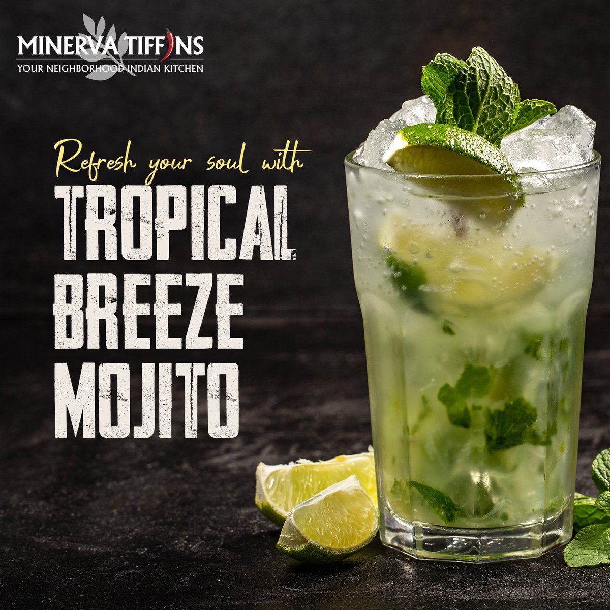 Experience the perfect blend of zesty lime, fresh mint leaves and a hint of tropical fruits in every sip.
.
.
.
#minervatiffins #minerva #minervafoods #cateringservice #dinein #tropicalbreezemojito #mojito #tropicalmojito #freshmint #tropicalfruits #refreshment  💁🏻🇮🇳 🇨🇦