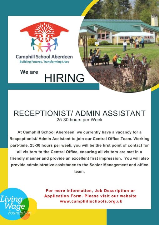 Camphill School Aberdeen are looking for a Receptionist/Admin Assistant in #Aberdeen. 

25-30 hours per week.

For more information, job description or application form. Visit their website: camphillschools.org.uk

#jobvacancy #aberdeenshirejobs #receptionist #adminassistant