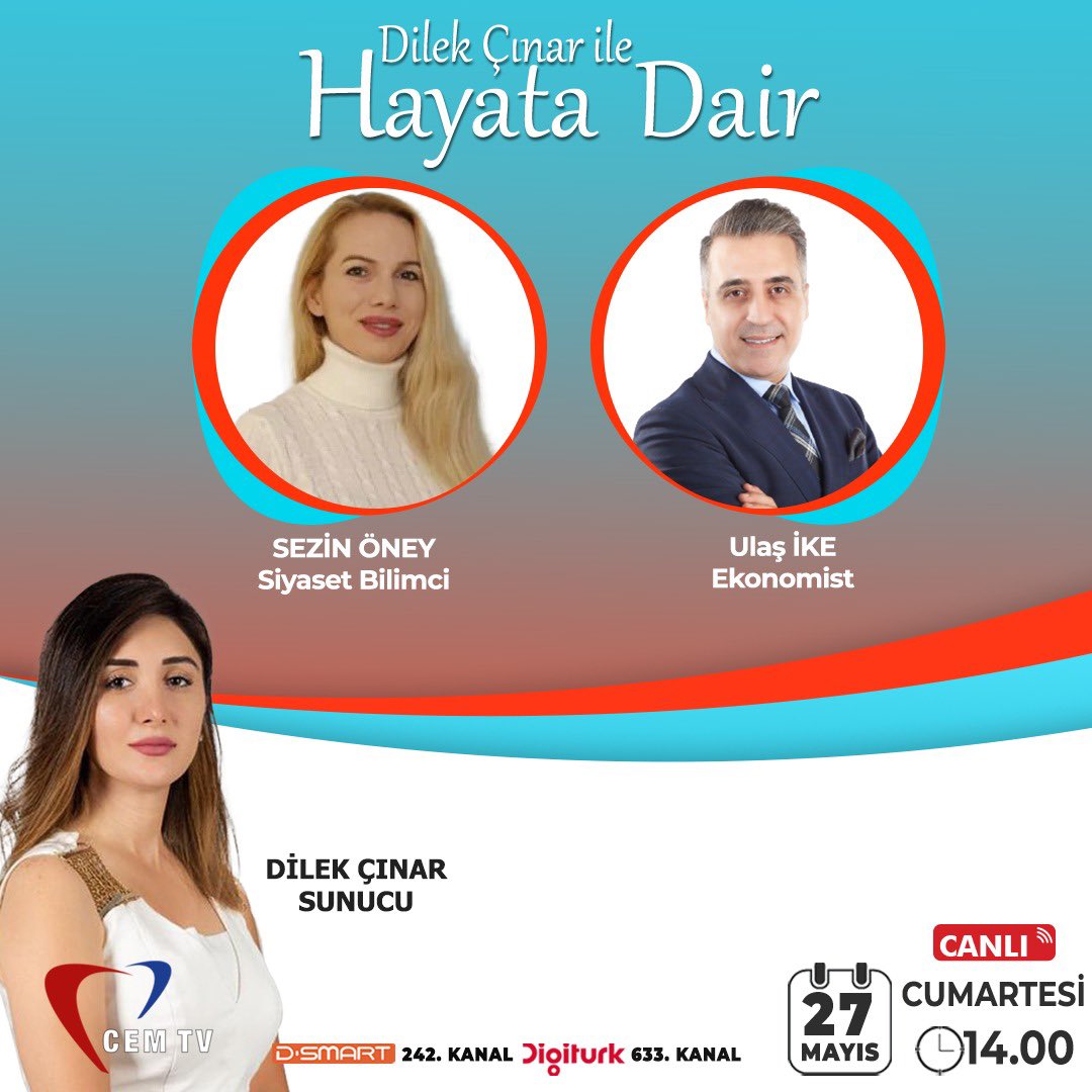 ulasike's tweet photo. Cumartesi günü (27 Mayıs) Dilek Çınar’ın canlı yayın konuğuyum; Vergi Affını, Sosyal Güvenlik Mevzuatını ve EYT’yi konuşacağız. 

Çayınızı, kahvenizi alın gelin🤗

📺 CEM TV  
⏰14.00
📡Digiturk 633. Kanal 
📡D-Smart 242. Kanal https://t.co/4Rlk0T01al