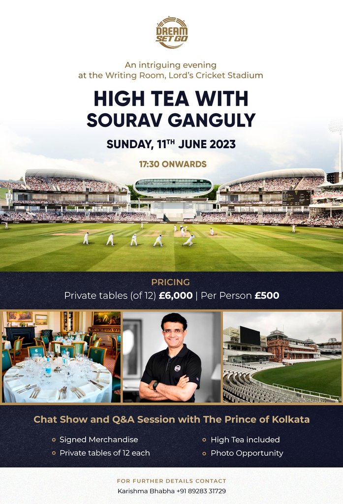 SouravGangulyCo's tweet photo. Excited to announce @DreamSetGo_Co's Dream Experience scheduled for Sunday, 11th June with our #SuperCaptain - Sourav Ganguly aka Dada, at the iconic Lord's Cricket Ground @HomeOfCricket https://t.co/ELA2O4jp5X