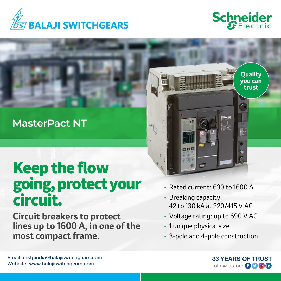 BSPL in association with Schneider Electric brings the MasterPact NT Circuit breakers to protect lines upto 1600 A, in a compact frame.

#circuits #electrical #electricity #industrial #powersector
@SchneiderElec