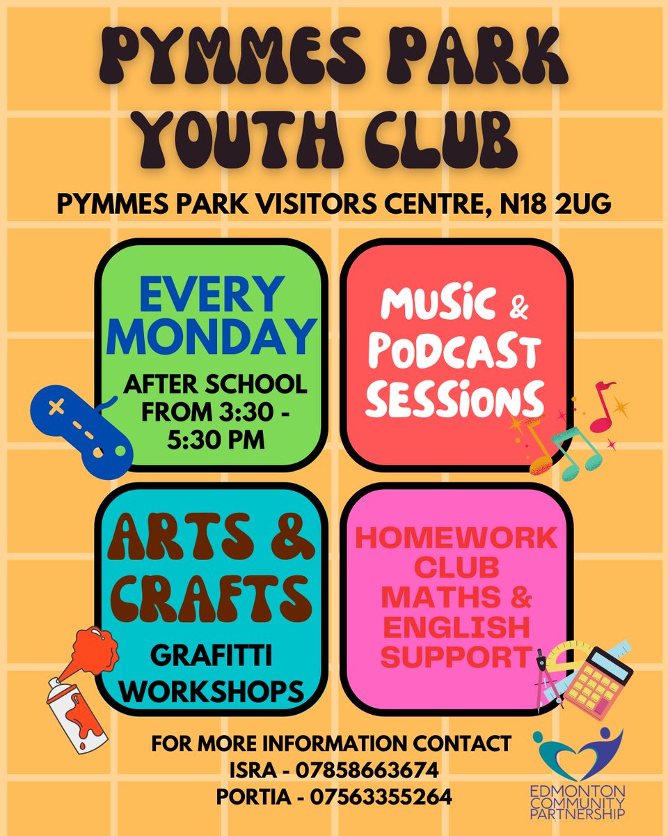 🚨 UPDATE 🚨 📌 The Pymmes Park Youth Club times have changed to 3:30 to 5:30 pm. Come along for help with homework, graffiti workshops, access to music production and podcasting tools and safe space to hang out after school!