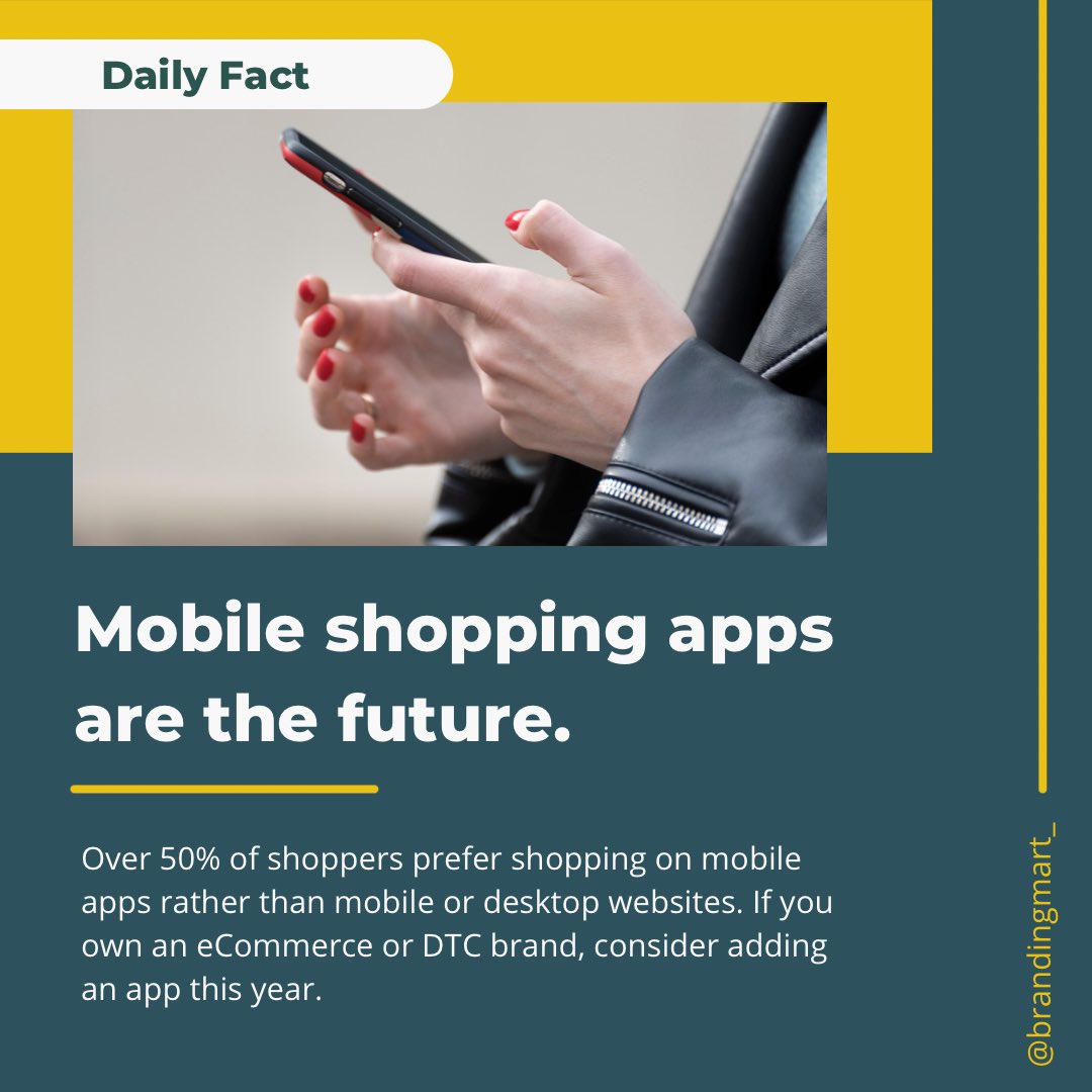 Branding_Mart's tweet image. Over 50% of shoppers prefer shopping on mobile apps rather than mobile or desktop websites #MobileAppFacts #AppDevelopmentFacts #MobileAppStatistics #AppDevelopmentStatistics