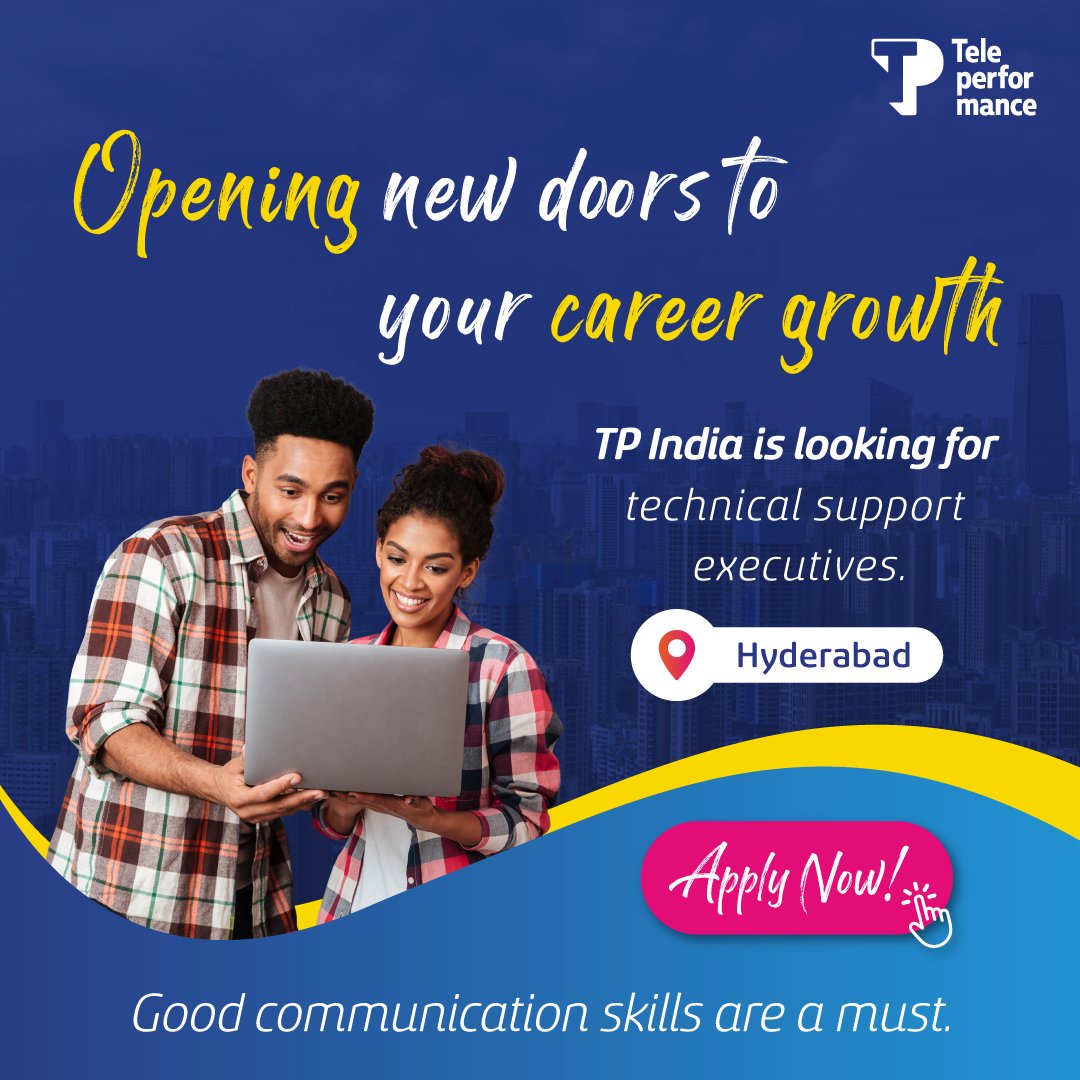 Join us at bit.ly/HydJobs & discover your true potential. 

Date: 29th May 2023

We are inviting applications for technical support professionals.

Requirement: Undergraduates & graduates with basic knowledge of LAN, WIFI, mobile etc. 

#TPIndia #TPCareers