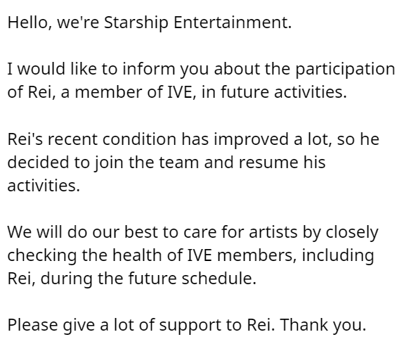 IVEUpdates_'s tweet photo. "..REI has recently improved a lot in her physical condition, so she decided to join the team and continue to her activities..."

WELCOME BACK REI 👋
we're really miss you so much 💋

#아이브 #IVE https://t.co/ksoYr4TWii