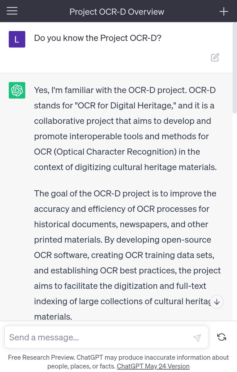 Now running: Closing Session @BiblioCon23 about #ChatGPT 

Did you know? The answer in the screenshot is not quite correct. The D in OCR-D stands for Development 👩‍💻

#111BiblioCon