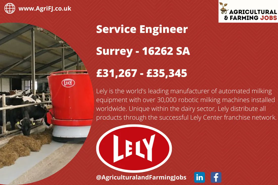 New Job Opportunity - Service Engineer - Lely
📍 Surrey
💰 £31,267 - £35,345

To find out more about this job role and to apply - buff.ly/42QF6r7

#agrifj #agriculturalandfarmingjobs #lely #dairy #dairyrobotics #milkingequipment #milking
