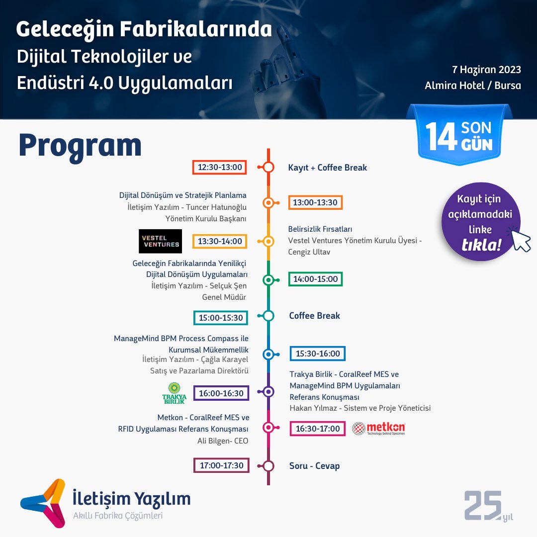 7 Haziran Çarşamba günü Bursa Almira Hotel’de “Geleceğin Fabrikalarında Dijital Teknolojiler ve Endüstri 4.0 Uygulamaları” başlıklı ücretsiz etkinliğine davetlisiniz!    
Kayıt için aşağıdaki linke tıklayabilirsiniz.  
iletisimyazilim.com/basvuru/
@NurdoganOto