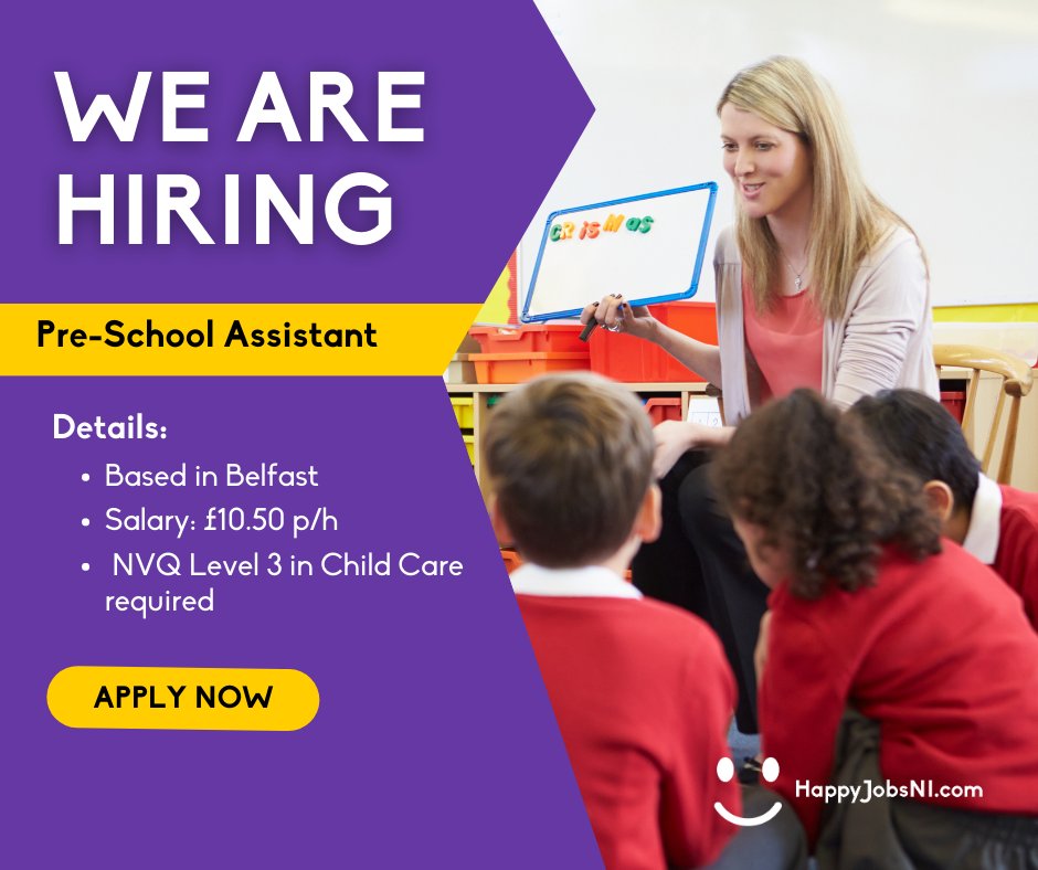 HappyJobsNI's tweet image. Our client Forge Integrated Playgroup are searching for a Pre-School Assistant! 📖

Apply now: bit.ly/425RdQ2

#PrimarySchool #ClassroomAssistant #Belfast #Teacher
