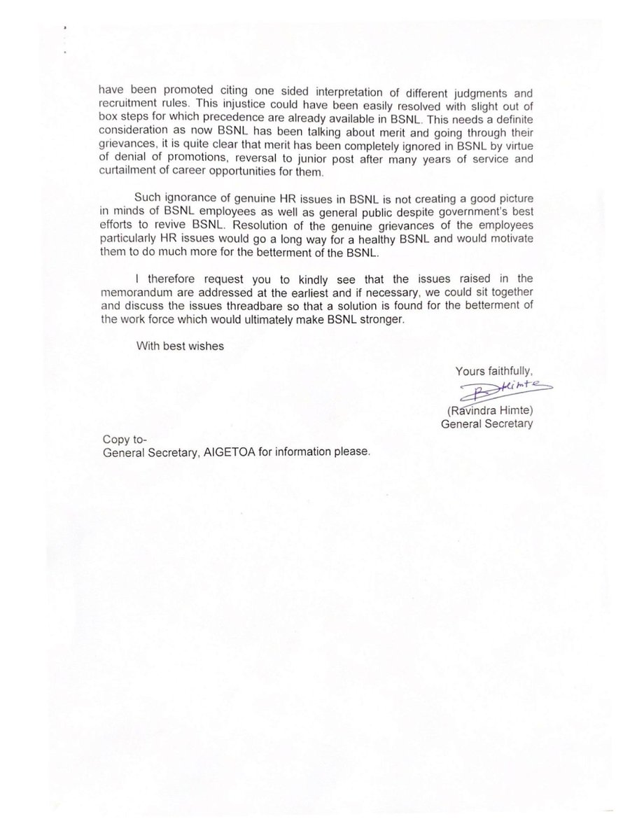 aigetoachq's tweet photo. General Secretary @BMSkendra  Shri Ravindra Himte Ji writes to the Hon’ble Minister of Communication Shri @AshwiniVaishnaw  Ji forwarding the Memorandum of @aigetoachq and seeking his intervention in settling the long pending HR issues viz Standard Pay Scales, 30 Percent SAB, 3rd PRC to BSNL, Promotions issues, Issue of Seniority for the LDCE qualified Executives, Reversal issue, Revision in perks and allowances etc. GS BMS has also requested Hon’ble MoC for sitting together for a thread ware discussion over the issues raised in Memorandum by AIGETOA, so that a solution is found for the betterment of the work force which would ultimately make BSNL stronger.

AIGETOA extends its heartfelt thanks to the General Secretary BMS for taking up the issues of BSNL Executives before Hon’ble MoC.

Dear friends, this is a firm step towards resolution of our issues and with intervention at the highest level, we can definitely expect our PPP issues to be resolved in the near future.
@AshwiniVaishnaw
@devusinh
@BMSkendra
@CMDBSNL
@arvind9963
@gsbteubsnl
@deependraparmal 
Click here for Letter

https://t.co/SJilLkBKr2