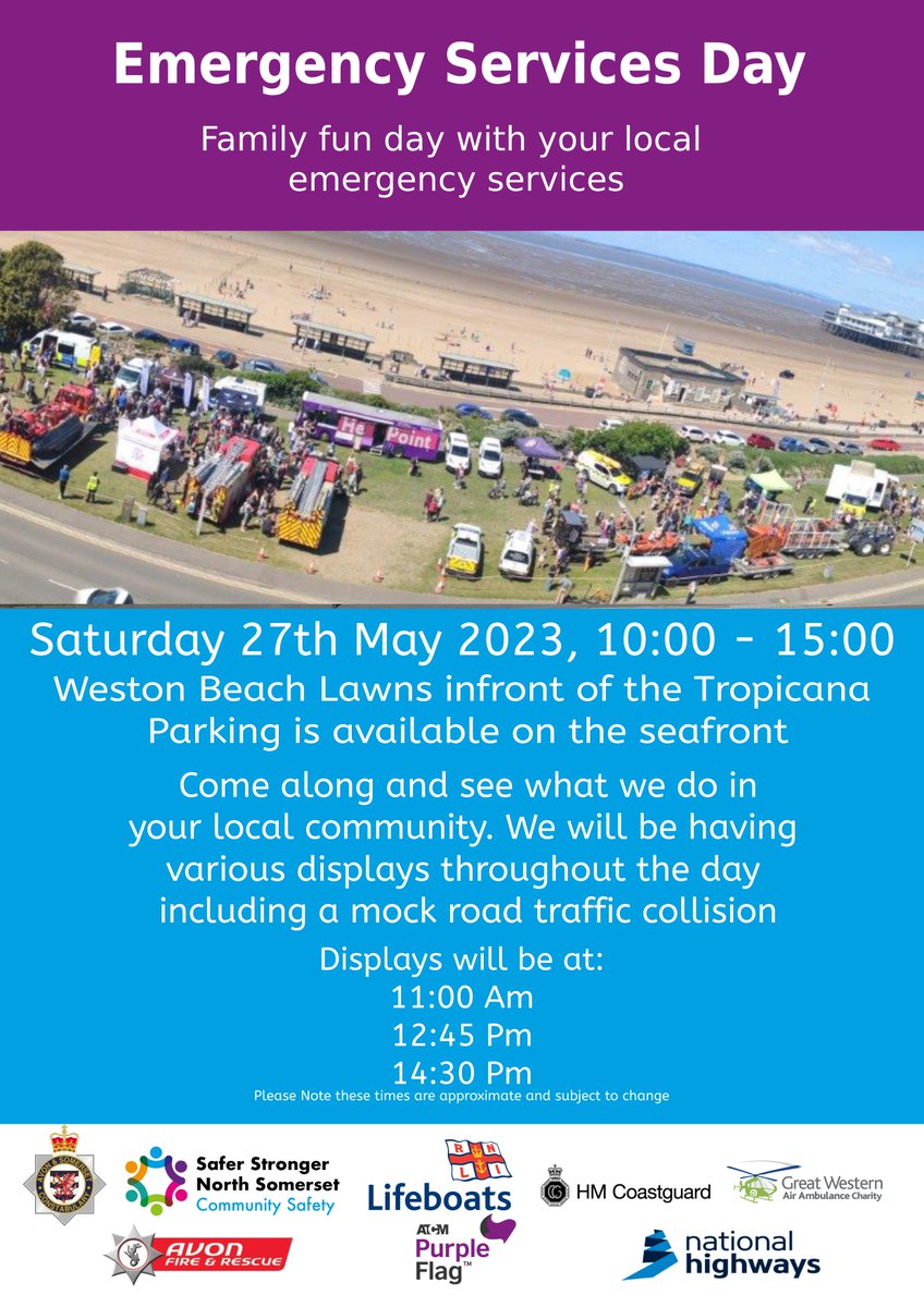 ASPNorthSom's tweet photo. Come and join us at Emergency Services Day on Weston Beach Lawns on Saturday 27th of May between 10:00-15:00.
You will be able to get an insight on what we do in the community, an event for all ages! Display times listed on poster.
#WestonSeafront #VisitWeston #SuperWeston https://t.co/w5Ct5SJouW