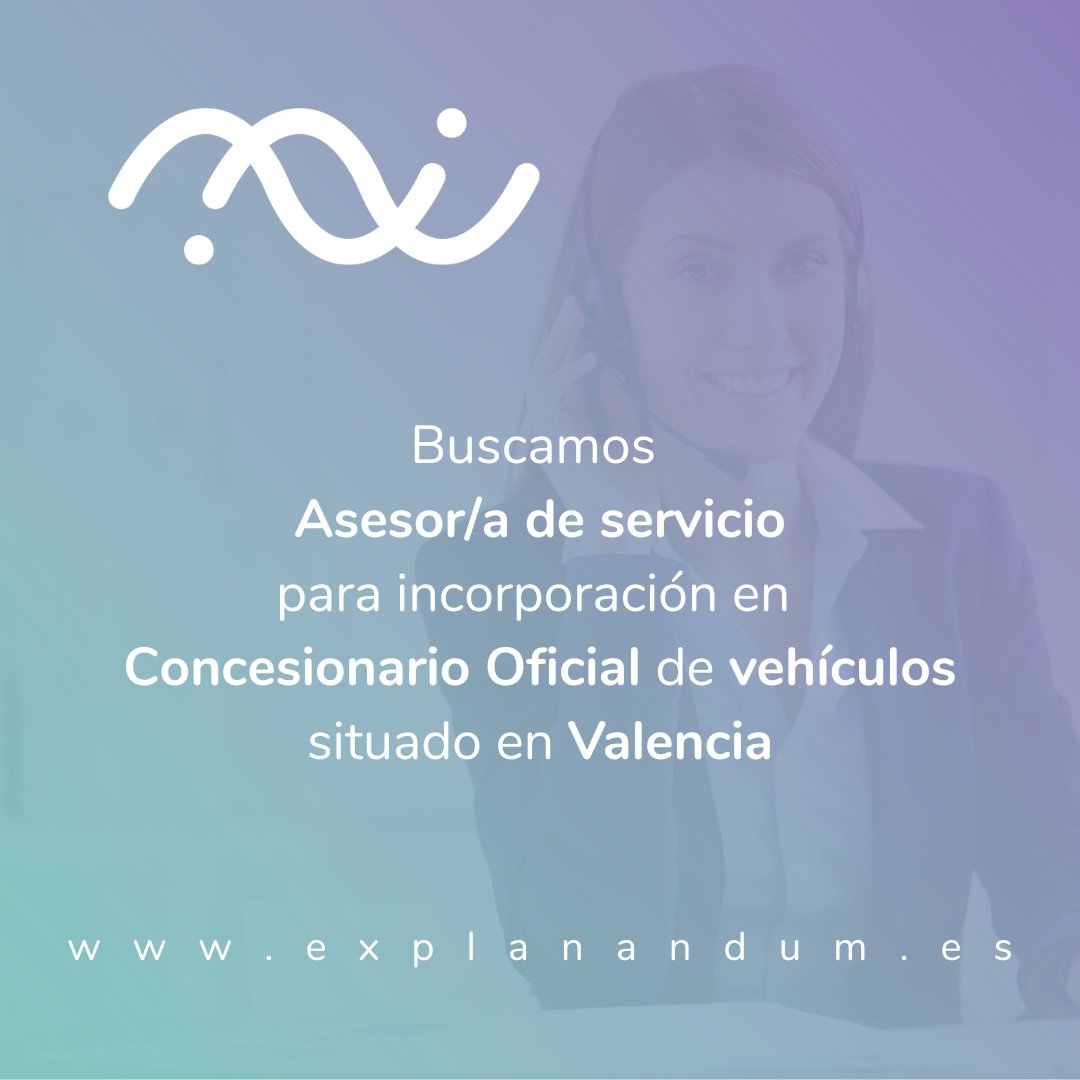 ExplanandumRRHH's tweet photo. Iniciamos búsqueda de Asesor /a de servicio para Concesionario Oficial de vehículos situado en Valencia.
¡Llámanos al 961 146 599 para conocer todos los detalles!
#Explanandum #Hiring #Empleo #Recepcionista #Mayo2023 #Trabajo #Vacante #Motor #Automoción #Valencia #FelizFinde https://t.co/D7UkOu3JHm
