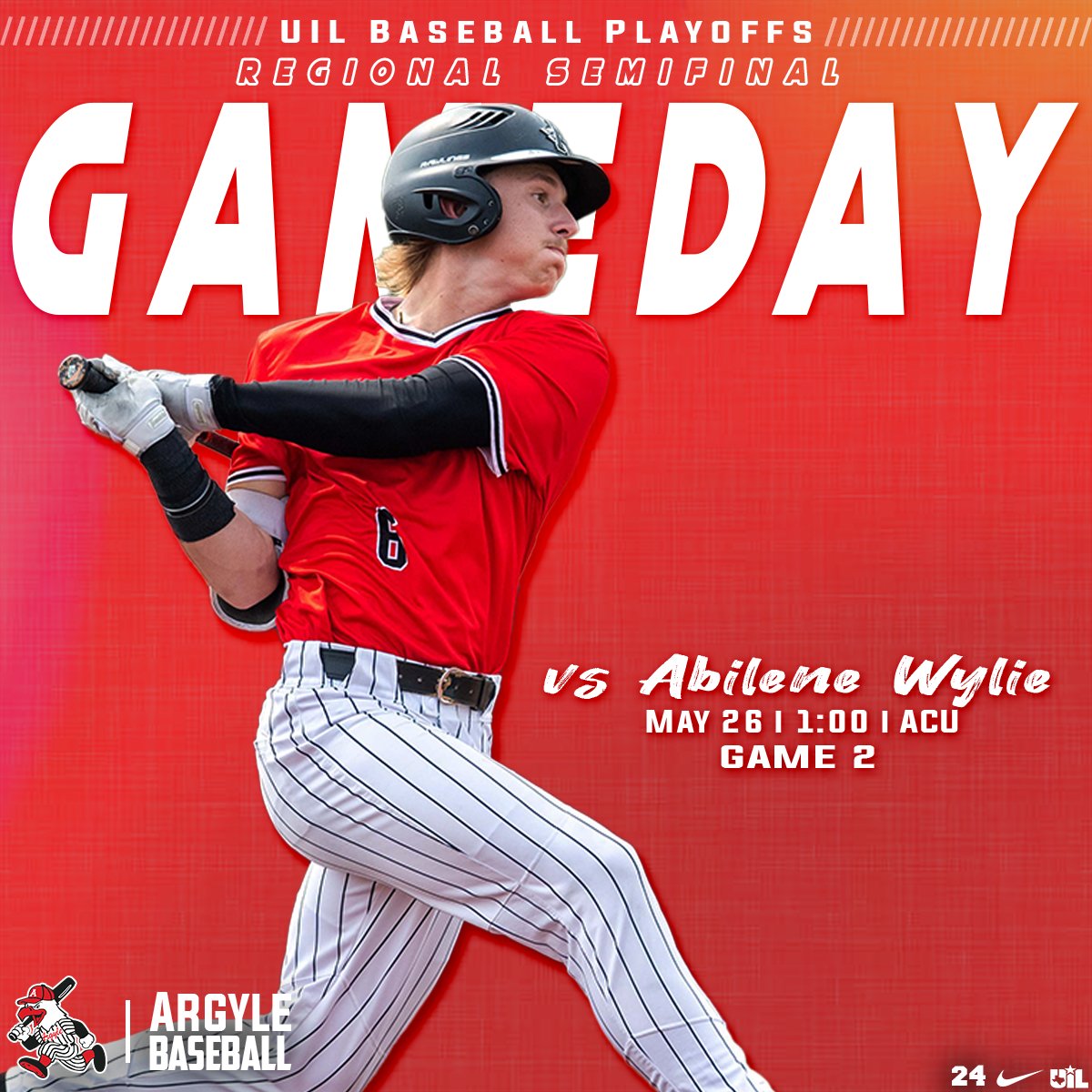 GAMEDAY!⚾️

Eagles head west to Abilene to take on Abilene Wylie in game 2 of the Regional Semi's! One win away from getting back to the Regional Final! #The24

<a href="/ArgyleISD/">Argyle ISD</a> I <a href="/ArgyleSports/">Argyle Eagles Booster Club</a> I <a href="/TheTalonNews/">The Talon News</a>