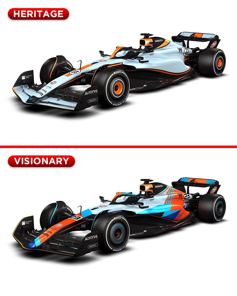 autosport's tweet photo. Williams and Gulf want YOU to vote on the livery to be used at the Singapore, Japanese and Qatar GPs 🫵

1. Contemporary 
2. Bolder Than Bold
3. Heritage
4. Visionary

Which one are you picking? 🤔

#F1 #MonacoGP https://t.co/lpBWPzTbKL