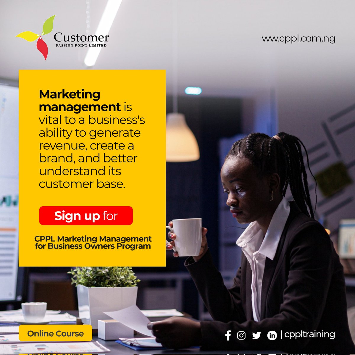 cpplnigeria1's tweet image. Marketing management training helps a business owner to ensure company is profitable by gaining new customers, expanding its customer base, building its company's reputation, and improving customer interactions. #CPPLTRAINING
#marketing #management #tiktok #sales #strategy #ideas
