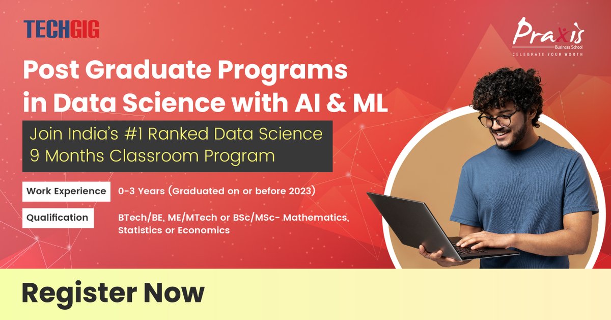 🚀Fast track your career.
Join India’s #1 Ranked #DataScience with AI & ML, 9 months postgraduate classroom program that delivers a high-engagement learning experience while leveraging #PraxisBusinessSchool academic excellence. Register here 🔗 bit.ly/3WwYYgZ
#TechGig