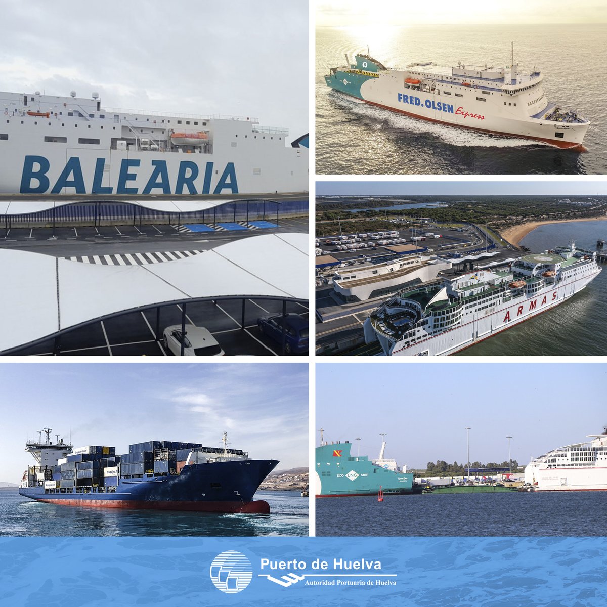 🛳 El #PuertodeHuelva dispone de cinco conexiones semanales con las Islas Canarias, tres líneas ro-pax y una ro-ro con buques ferry de las navieras @FOexpress & @Balearia, @LineasArmas y una línea de contenedores para mercancías con #AlisiosShipping.