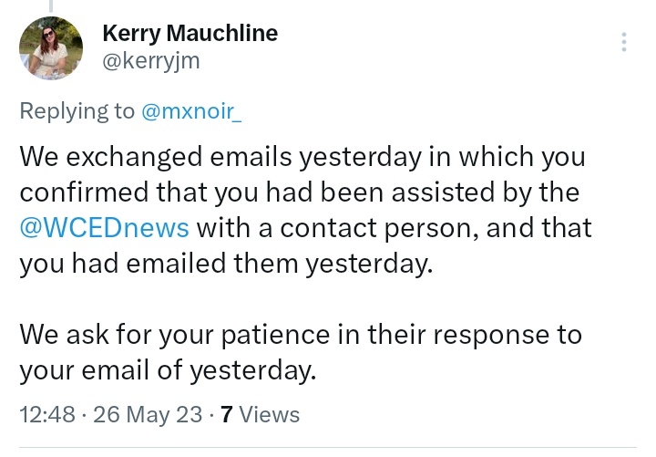 @kerryjm @WCEDnews Perhaps a responding email yesterday that #WCED needs more time before sharing the list of 333 schools, I'd be more informed on your need for my patience. 

& if I'm coming off as unreasonable about the list of 333 schools mentioned, that's not my intention. At all. 🏳