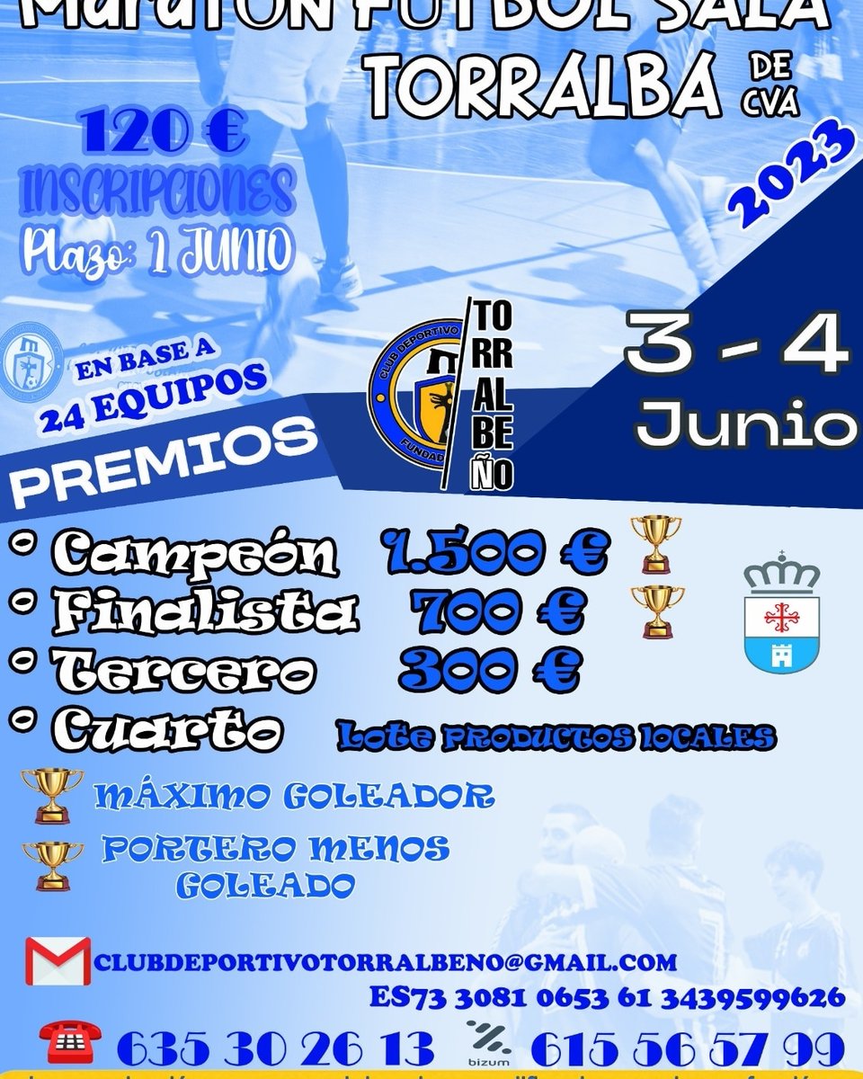 CDTORRALBENO's tweet photo. ➡️ MARATÓN FÚTBOL SALA CD TORRALBEÑO FS 2023

🚨RECORDAD🚨 ÚLTIMO DIA DE INSCRIPCIÓN EL 1 DE JUNIO

NO TE QUEDES SIN TU PLAZA... LLAMA YA...!

Competitividad... diversión  y buen ambiente asegurado... 

💙🤍💛 https://t.co/aKoxViSHNZ