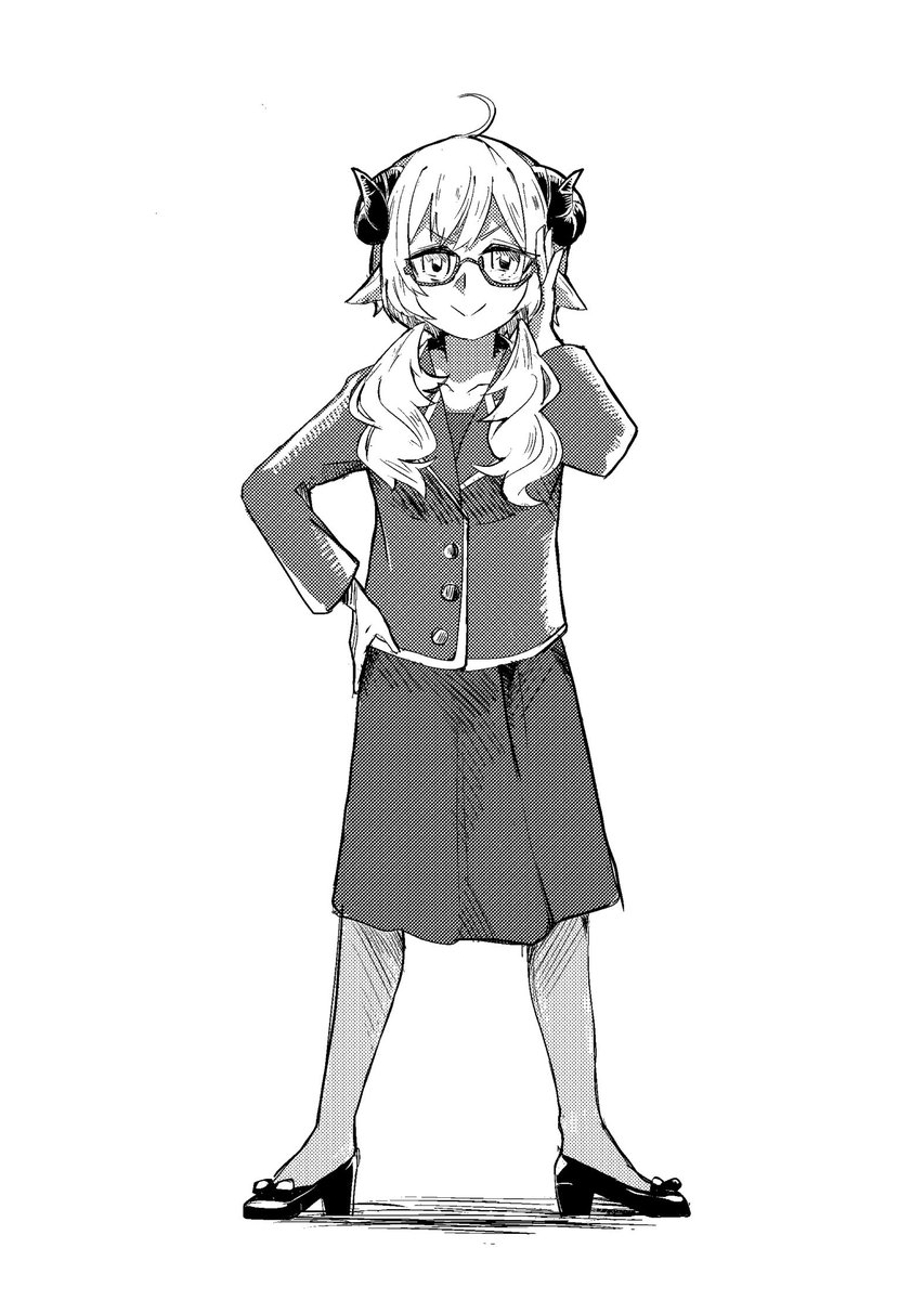 tsunomaki watame 1girl greyscale monochrome solo glasses horns sheep horns  illustration images
