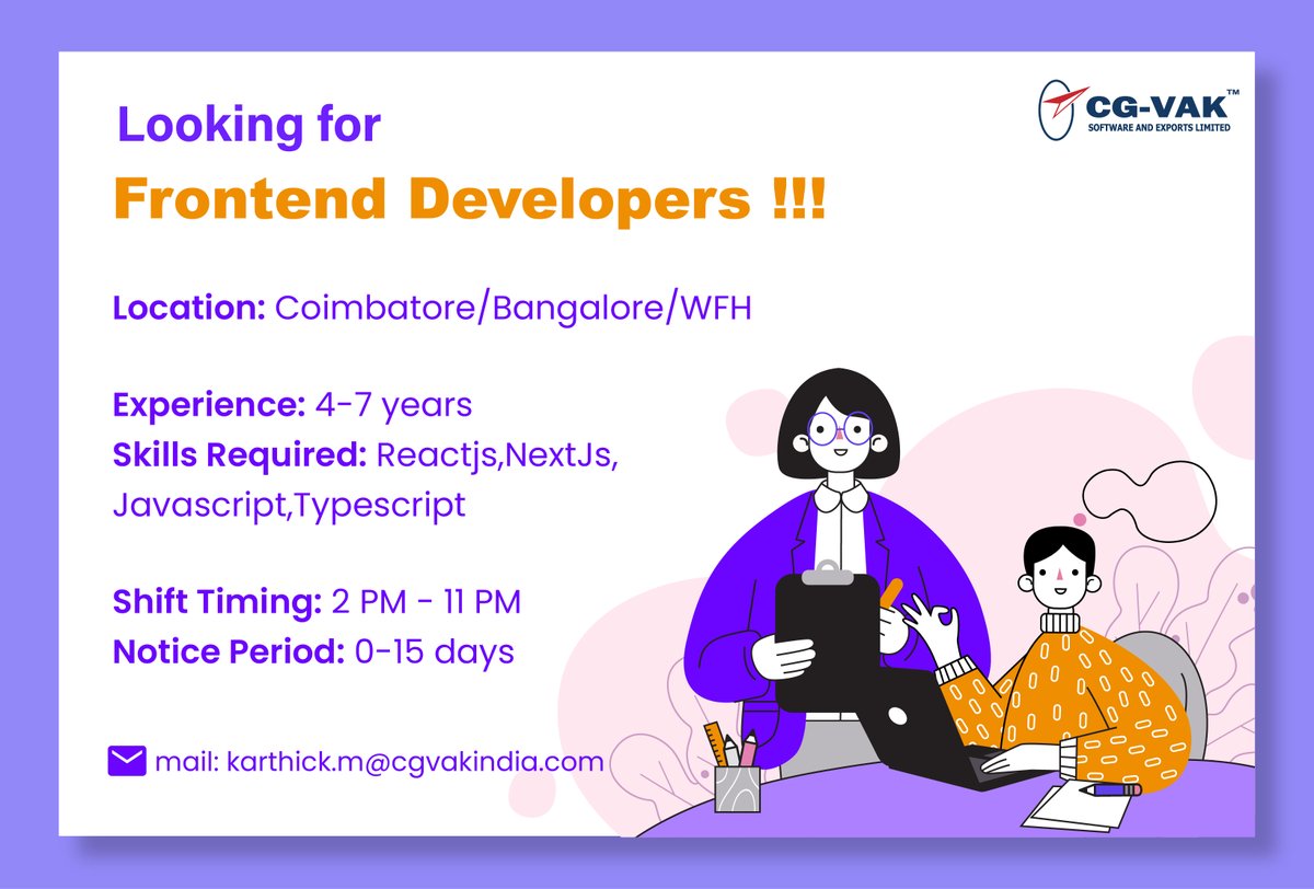 cgvak's tweet image. #hiringlalerts
Looking for #frontenddevelopers !
Experience: 4-7 Years
Mail to: karthick.m@cgvakindia.com
Skills: #reactjs, #nextjs, #JavaScript, #TypeScript
Loc: #Coimbatore, #Bangalore, #WFH

#cgvak #hiringalerts #jobvacany #hiring #softwaredevelopment #frontenddeveloper