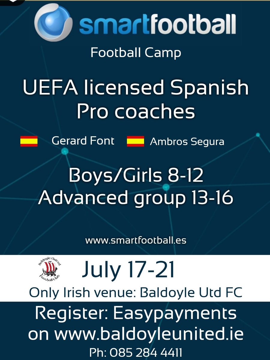 ⚽️ SUMMER CAMPS

4 great Summer camps at Baldoyle Utd this July/ Aug inc. our first Spanish Pro Camp. 

Details: rb.gy/21ekz

<a href="/BaldoyleNews/">Baldoyle News Network</a> <a href="/BaldoyleF/">Baldoyle Forum Clg</a> <a href="/RadioAido/">Aidan Cooney</a> <a href="/robbiekane74/">Robbie Kane</a>