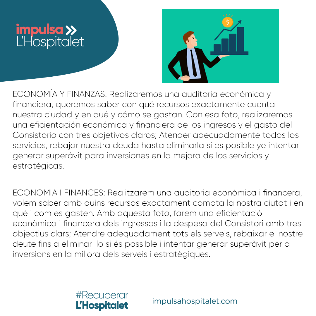 Impulsa_L_H's tweet photo. Realizaremos una auditoria para determinar con qué recursos cuenta el Consistorio y en qué y cómo se gastan. Eficientaremos las cuentas para cubrir todos los servicios e intentar generar superávit.
#eleccionesmunicipales2023 #RecuperarLHospitalet #RecuperarHospitalet #LHospitalet https://t.co/ItezdzeYJc