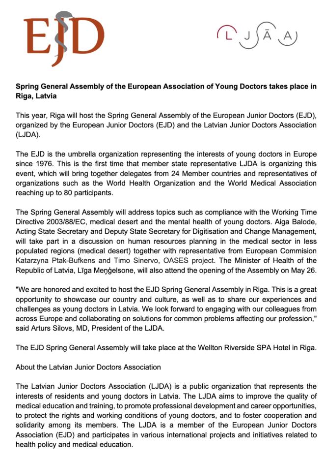ejdpwg's tweet photo. PRESS RELEASE: Spring General Assembly of the #European Association of Young Doctors takes place in #Riga, #Latvia https://t.co/YZ0zK8tiuH #EJD #cooperation #PGT #MWF #digitalhealth #medicaldeserts #workforce #postgraduatetraining #EU #EEA https://t.co/UNW4YDNK6e