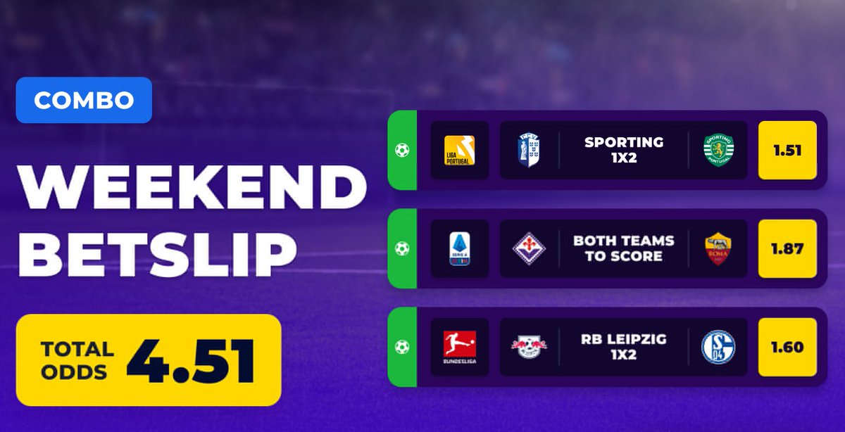 🟣WEEKEND BETSLIP🟣

⛱️ Place a bet on a huge #football combo
⛱️ Win big with odds of 4.51

🔗: Click to bet! ▶️ stake.com/?c=game
🎁 : Bonus VIP Code ▶️ game

🇩🇪 #Bundesliga , 🇵🇹 #PrimeiraLiga , 🇮🇹 #SerieA 

#sportsbet #sports #bettingtips #Crypto #Stake #bettingexpert