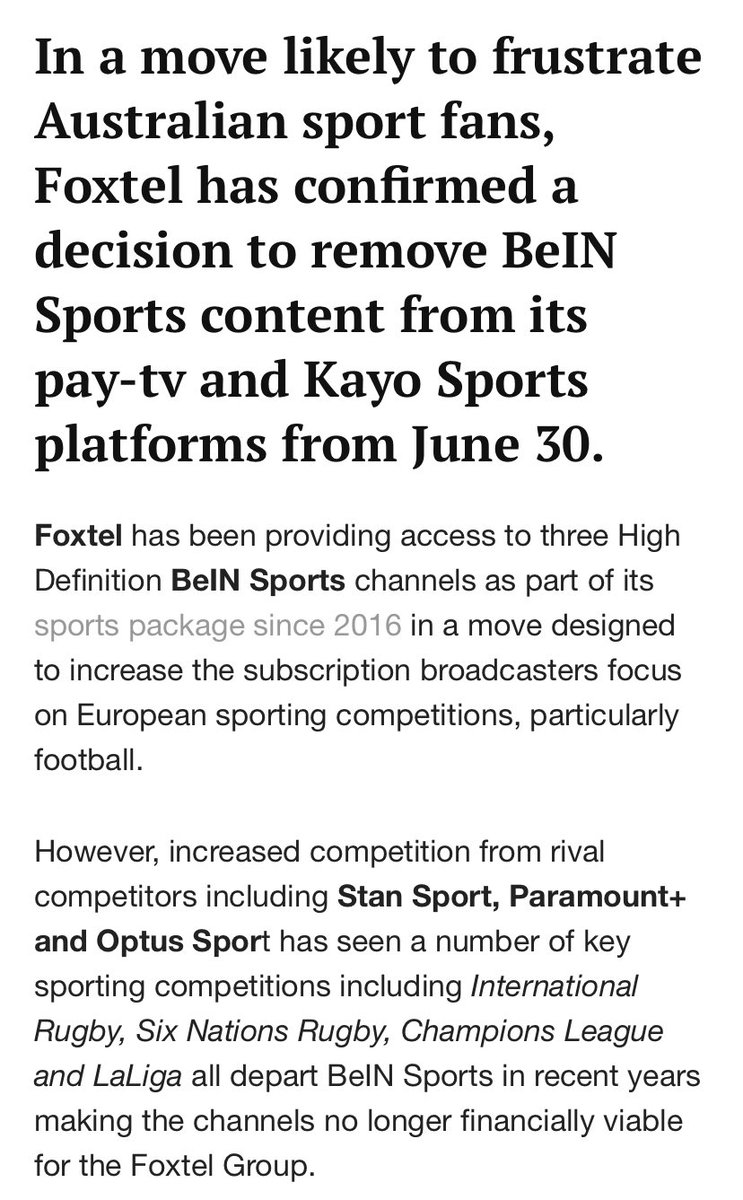 ACMilanSydney's tweet photo. As mentioned a couple days ago by @Michael_Scala, I looked further in this change by @Foxtel in getting rid of @beINSPORTS_AUS channels, which will have #SerieA fans fuming, I got  an email of a price increase.
A great way to lose more customers.
Read this article by #KevinPerry https://t.co/qoHGbyDZON