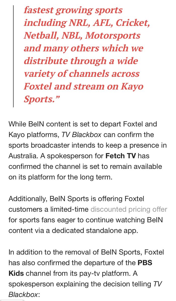 ACMilanSydney's tweet photo. As mentioned a couple days ago by @Michael_Scala, I looked further in this change by @Foxtel in getting rid of @beINSPORTS_AUS channels, which will have #SerieA fans fuming, I got  an email of a price increase.
A great way to lose more customers.
Read this article by #KevinPerry https://t.co/qoHGbyDZON