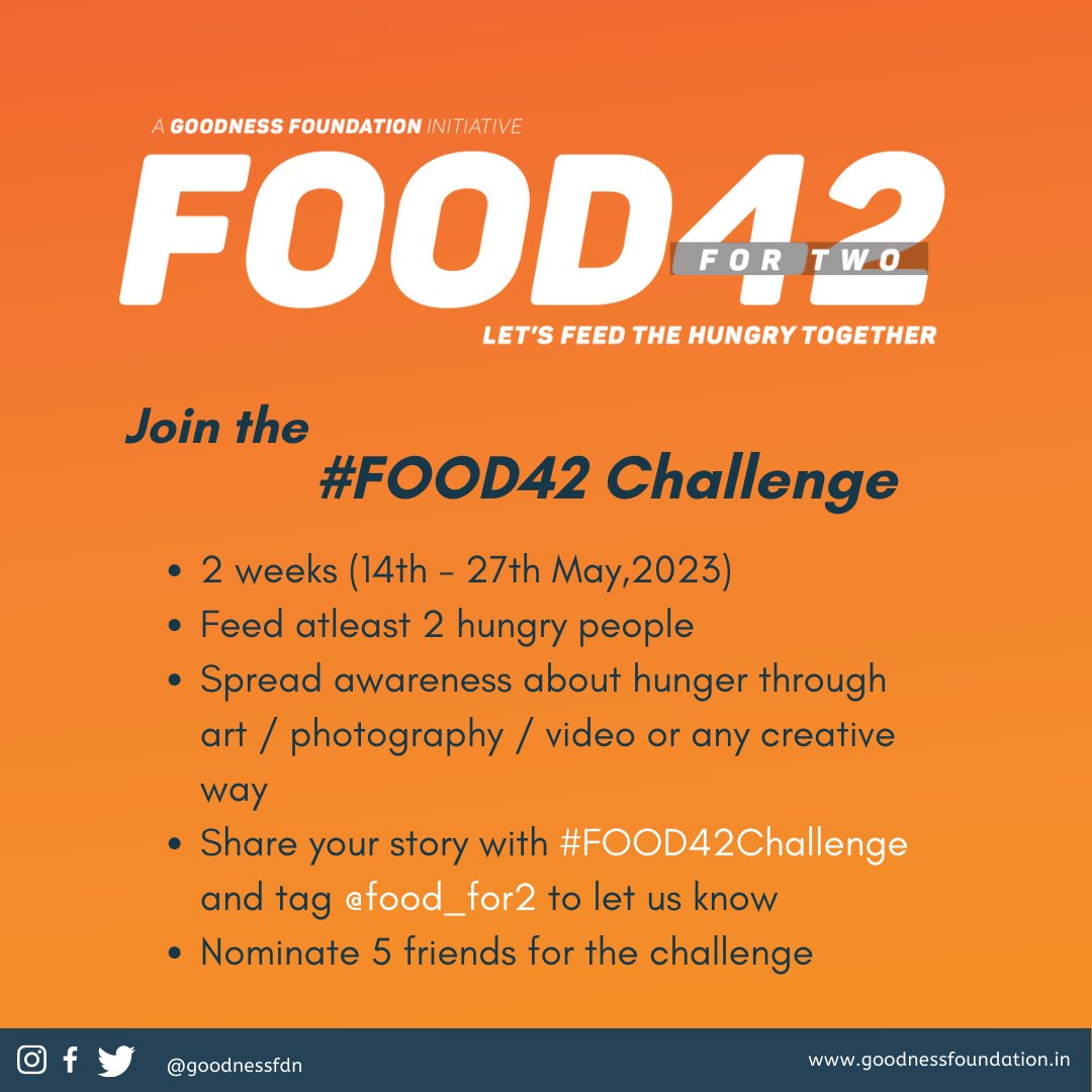 goodnessfdn's tweet photo. Sharing is an involuntary action of every human which is abundantly fruitful when planned and executed thereby creating a hunger free community. Goodness Foundation brings to you the #Food42challenge
#GoodnessFoundation #Goodness #GoFo #Food42 #ZeroHunger #Hunger #Food https://t.co/FOaTyE5Xws