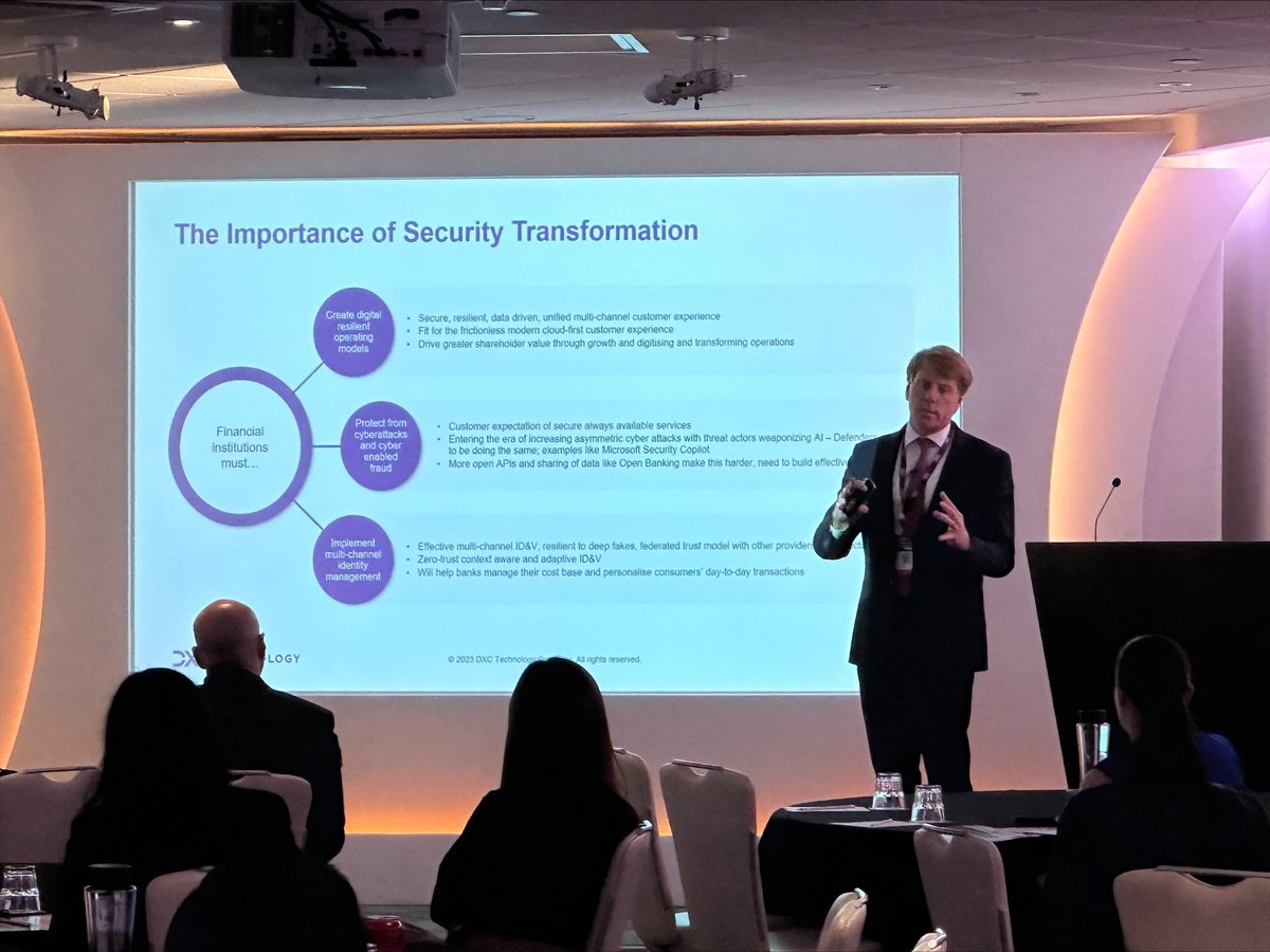 ZeroTrustSummit's tweet photo. Our Title Sponsor speaker Mark Hughes, President Security from @DXCTechnology speaking on “Revolutionizing the Customer Experience with Security Transformation” at our Security Transformation in Financial Services Summit 2023.

#sxf23 #kinfosevents #cx https://t.co/GyvKklJO4t