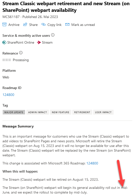 davemehr's tweet photo. Welcome new #StreamOnSharePoint Web Part - byebye classic one. π
π Rollout Stream (on SharePoint) Web Part mid-June to mid-July
πRetirement Stream (classic) WebPart on August 15, 2023
#MicrosoftStream #M365 #SharePointOnline #SharePoint #SPO https://t.co/eq1YmrETDo