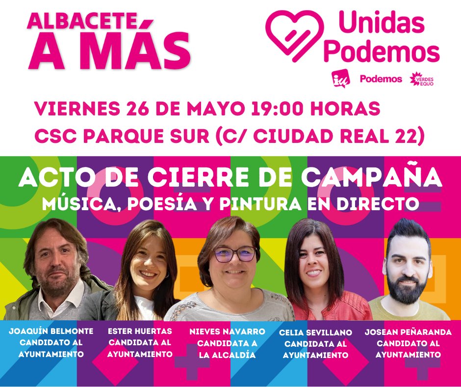 ⚠️Cambiamos el acto de sitio🌧👇🏻

📍Centro Sociocultural Parque Sur (C/ Ciudad Real 22)
⏰19:00 horas.

Y después nos iremos a tomar algo🍻