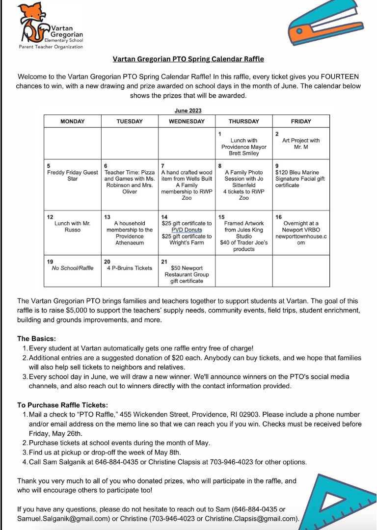 Vartan Gregorian PTO (@vgpto) on Twitter photo Last chance for Spring Raffle Tickets! Folks may still be out, offering them at Drop Off and Pick Up. Otherwise, please email christine.clapsis@gmail.com for other ways to purchase your tickets. Check out the prizes on the calendar below. The first drawing is on 6/1! Last chance for Spring Raffle Tickets! Folks may still be out, offering them at Drop Off and Pick Up. Otherwise, please email christine.clapsis@gmail.com for other ways to purchase your tickets. Check out the prizes on the calendar below. The first drawing is on 6/1!