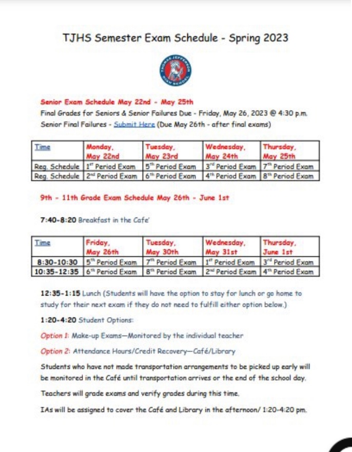 Jefferson underclassmen begin their Semester Exam Schedule today that has been in the Mustang News.  Good luck Mustangs! 💙♥️