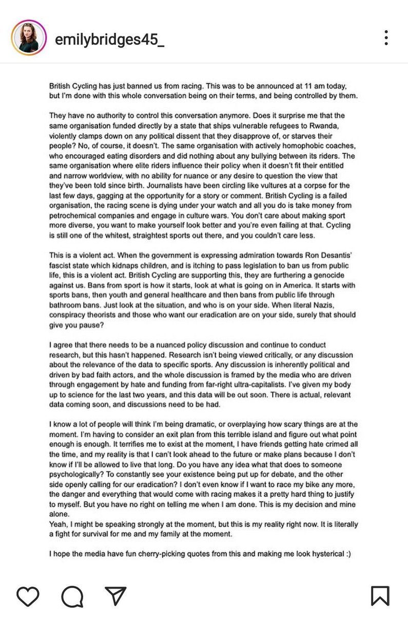 reduxx's tweet image. BREAKING: British Cycling has announced it will ban trans-identified males from participating in the female category.

Transgender cyclist Emily Bridges has responded in a statement calling the move a “violent act” and claiming British Cycling is furthering trans “genocide.”