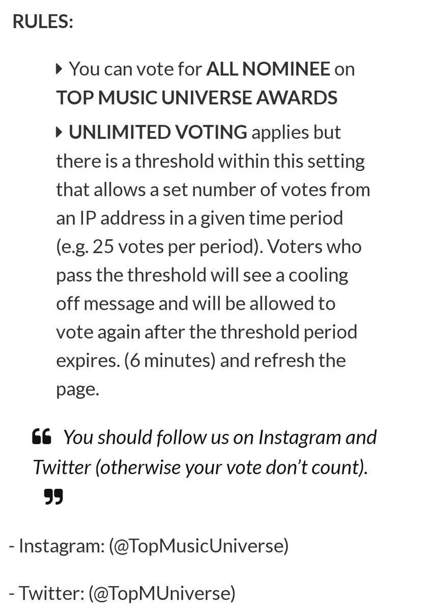 Voting Rules :

- Unlimited voting
- ~25 votes/IP address in a given time period
- Refresh every 6 minutes
- follow @TopMUniverse on Twitter and @/TopMusicUniverse on IG 

#SOLAR #솔라 #ソラ #金容仙 @RBW_MAMAMOO
