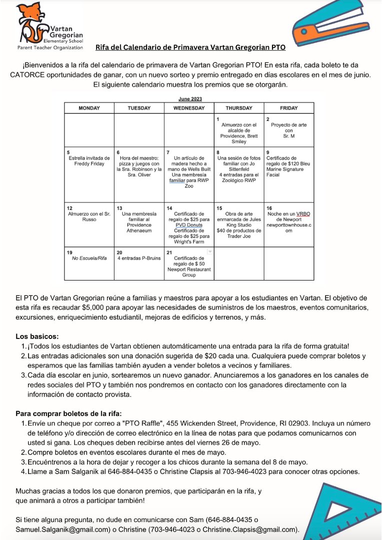 Vartan Gregorian PTO (@vgpto) on Twitter photo ¡Última oportunidad para boletos de la rifa de primavera! Es posible que la gente aún esté fuera, ofreciéndolos en Drop Off and Pick Up. De lo contrario, envíe un correo electrónico a christine.clapsis@gmail.com para conocer otras formas de comprar sus boletos. ¡Última oportunidad para boletos de la rifa de primavera! Es posible que la gente aún esté fuera, ofreciéndolos en Drop Off and Pick Up. De lo contrario, envíe un correo electrónico a christine.clapsis@gmail.com para conocer otras formas de comprar sus boletos.