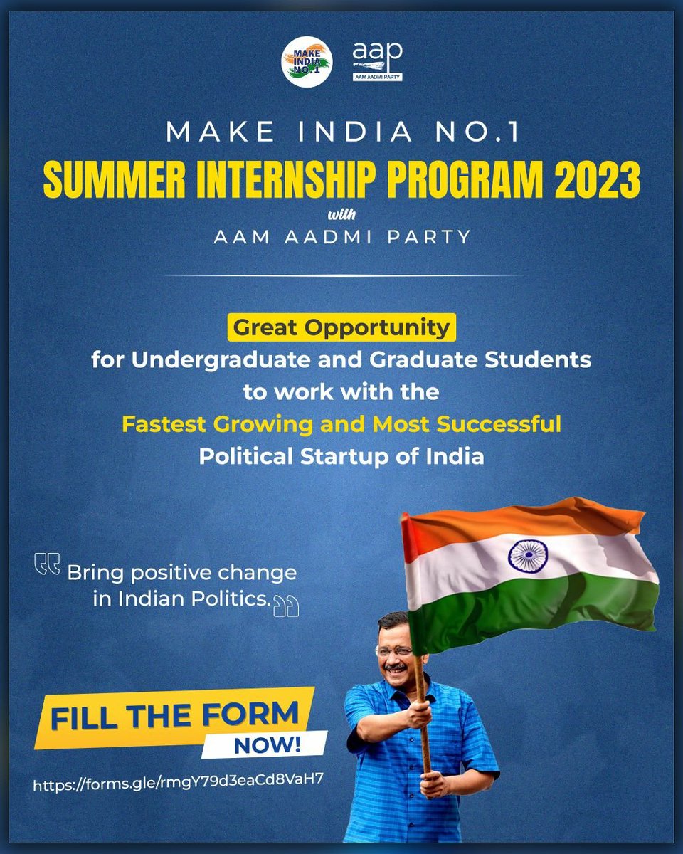 The Aam Aadmi Party Summer Internship Program for 2023 is now open for applications! A great opportunity for undergraduate & graduate students  who are passionate about creating positive change in India through constructive politics.

Application Form:  forms.gle/rmgY79d3eaCd8V…