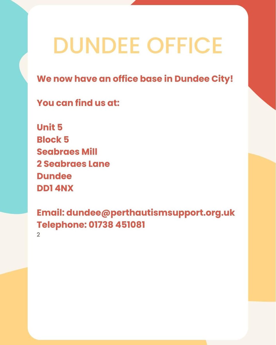 📣 Dundee Services 📣 We've got some news!! 👇 After a fantastic launch to our Dundee Services, we now have a Dundee home! 👏 Our team will be based at Seabraes Lane in Dundee 📌 and can still be contacted on dundee@perthautismsupport.org.uk and for now 01738 451081