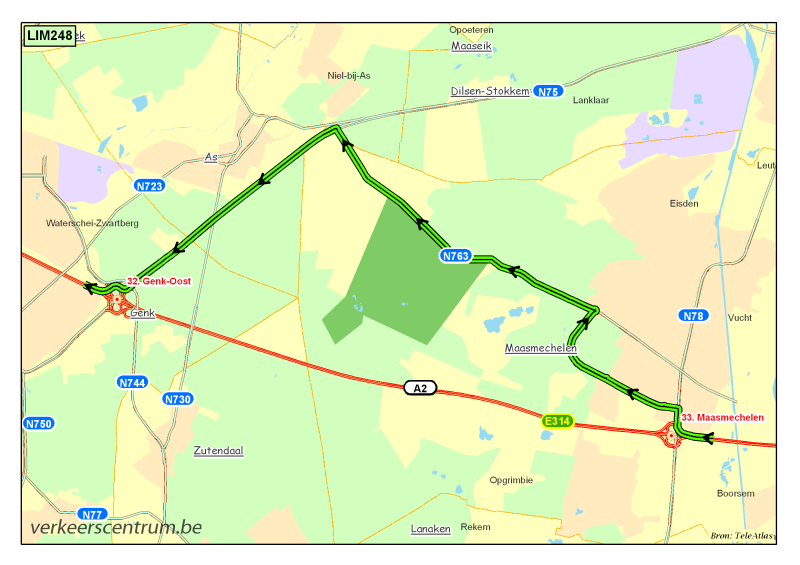 verkeerscentrum's tweet photo. Update ongeval Genk-Oost richting Lummen: de afhandeling zal nog enige tijd in beslag nemen. De #E314 is afgesloten thv Afrit 33 Maasmechelen, je moet daar de snelweg verlaten en route L volgen naar oprit 32 Genk-Oost. Hou ook rekening met vertragingen op deze omleiding. https://t.co/Xt7kG11p34